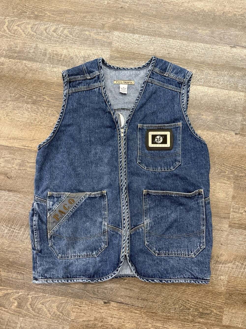 Vintage Paco Vest Mens M Denim Vest Sports 90s Baggy Oversized 100% Cotton Patch
